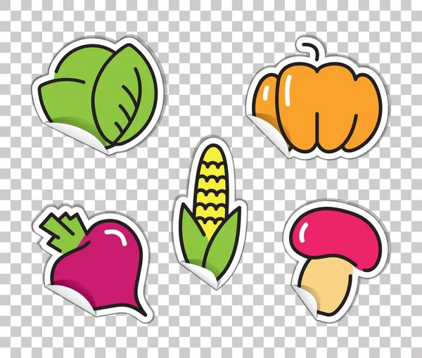 Stickers met beelden van fruit. Kool, bieten, maïs, pompoen, paddestoelen — Stockvector