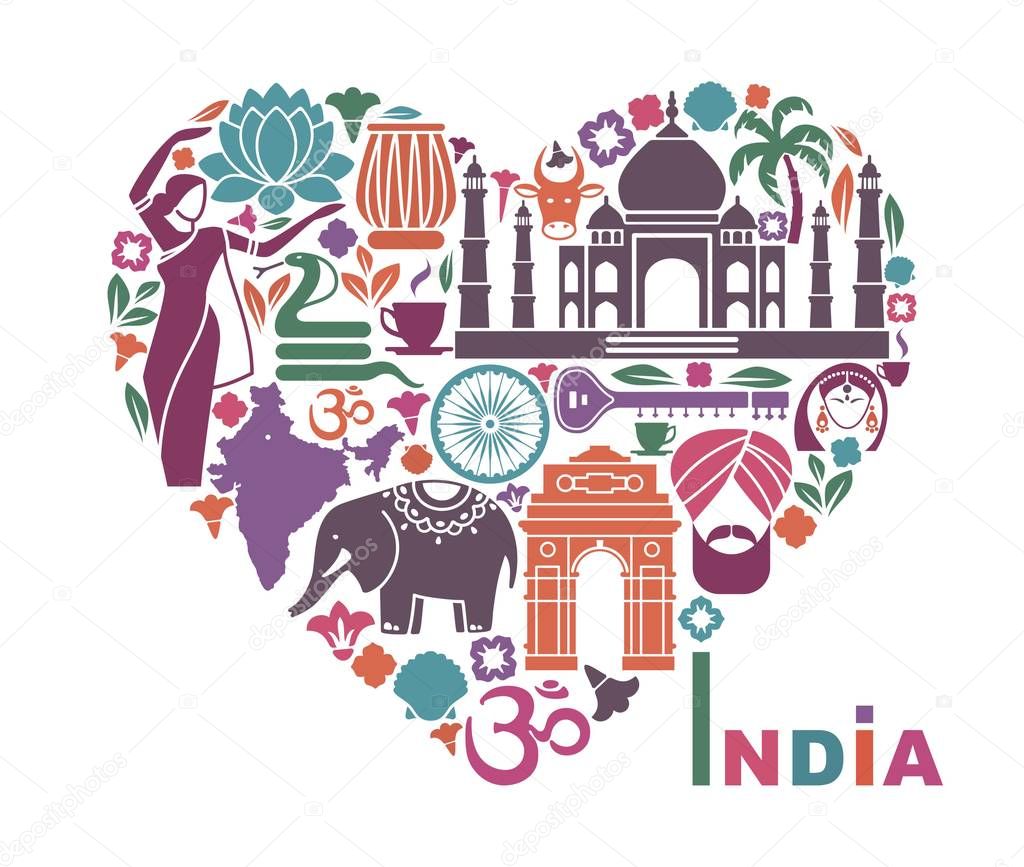 Symbols of India in the form of heart