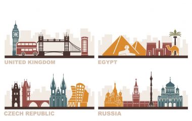 Farklı ülkelerin mimari manzaraları. İngiltere, Mısır, Çek Cumhuriyeti, Rusya