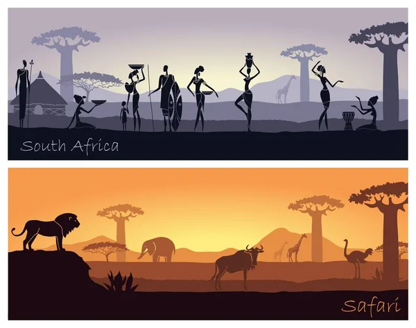 Paisaje africano con personas y animales — Archivo Imágenes Vectoriales