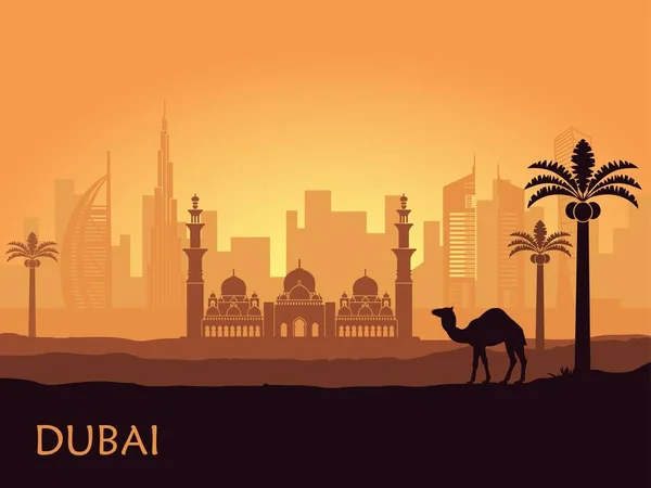 Skyline de Dubai com camelo e tamareira. Emirados Árabes Unidos —  Vetores de Stock