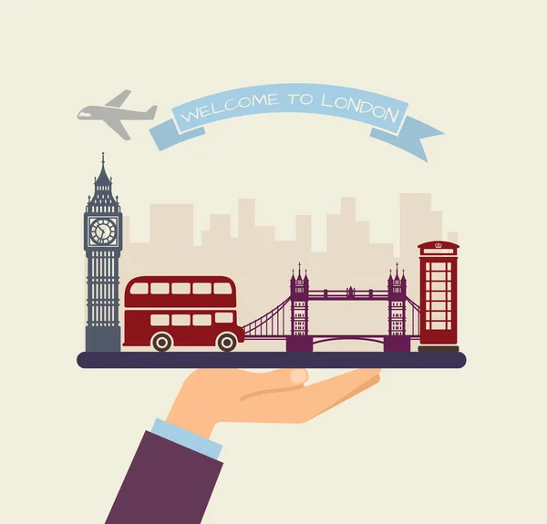 Willkommen in London. Sehenswürdigkeiten von London auf einem Tablett — Stockvektor