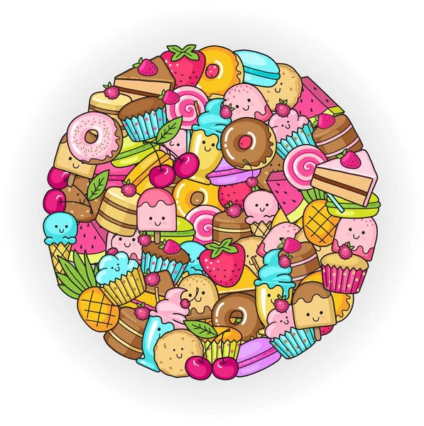 Círculo dos doces engraçados, frutas e sorvete. Donuts, cupcakes, bolos e biscoitos —  Vetores de Stock