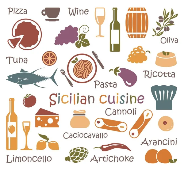 Cocina siciliana. Conjunto de iconos de alimentos y productos — Archivo Imágenes Vectoriales