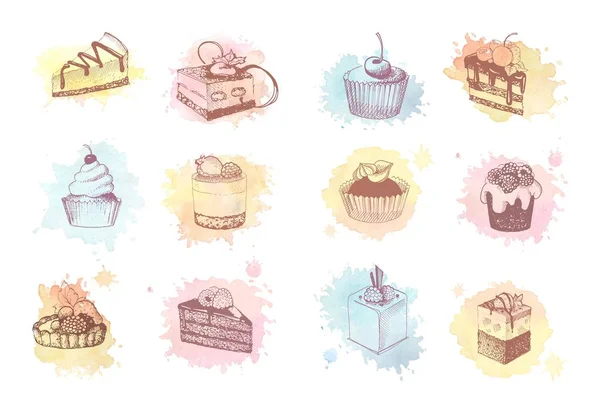 Esboços de aquarela de cupcakes, torta de baga e bolo —  Vetores de Stock