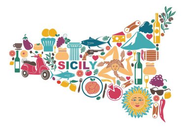 Sicilya geleneksel semboller ile stilize Haritası