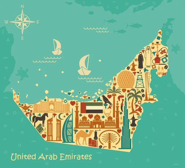 匹配的阿拉伯联合酋长国的迪拜的传统符号组成电子地图 — 图库矢量图片