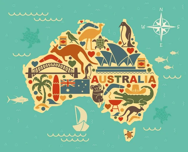 Stylizovaná mapa Austrálie se symboly australské kultury a přírody — Stockový vektor