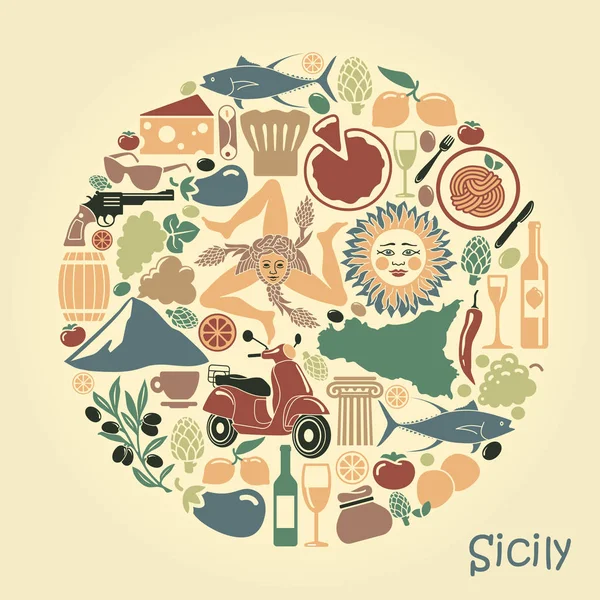 Conjunto de ícones sobre um tema da Sicília na forma de um círculo —  Vetores de Stock