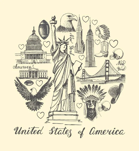 Croquis des symboles des États-Unis sous la forme d'un cercle — Image vectorielle