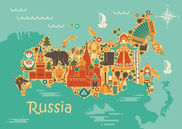 Um mapa estilizado da Rússia com os símbolos da cultura e da natureza — Vetor de Stock