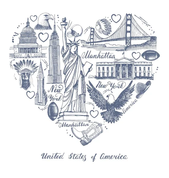 Bir kalp şeklinde ABD'nin sembollerin çizimleri — Stok Vektör