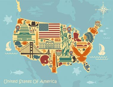 Stylized map of USA with traditional symbols clipart