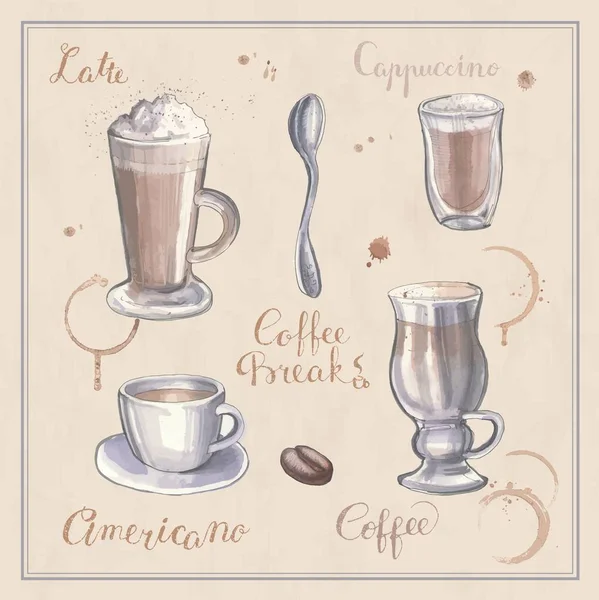 Un conjunto de bocetos de pintura a mano sobre el tema del café — Vector de stock