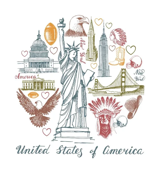 Sketches of symbols of the USA in the form of a circle — Stock Vector