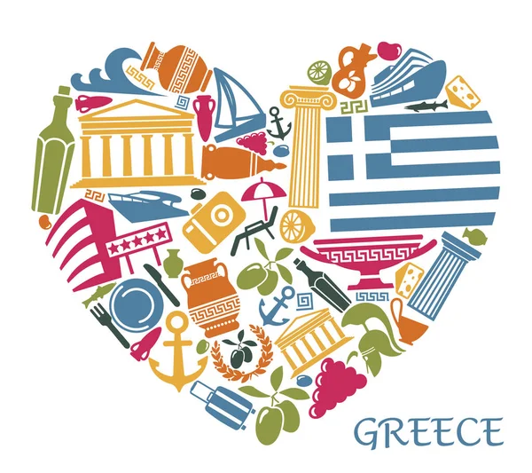 Symboles de la Grèce en forme de cœur — Image vectorielle