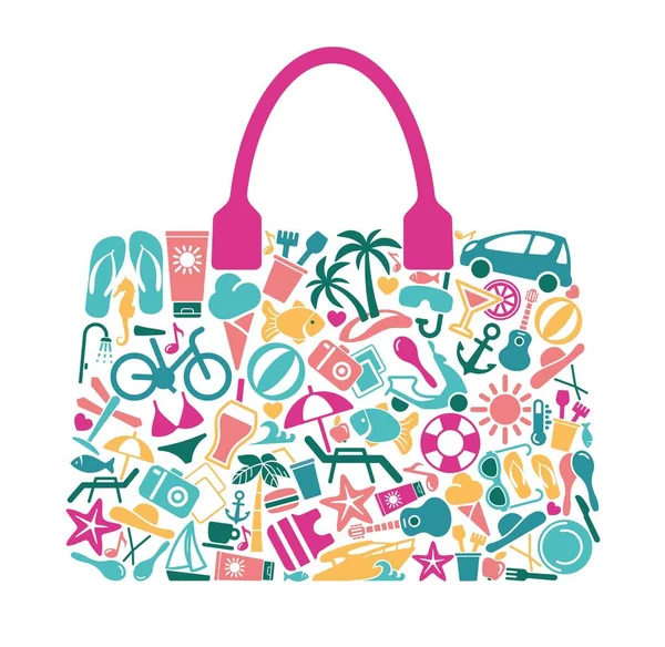 Icone su un tema di riposo di spiaggia nella forma di una borsa — Vettoriale Stock