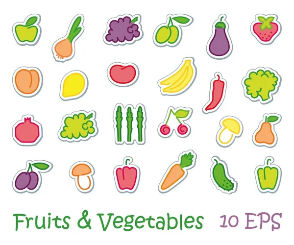 Αυτοκόλλητα με εικόνες στυλιζαρισμένη φρούτων και λαχανικών — Διανυσματικό Αρχείο