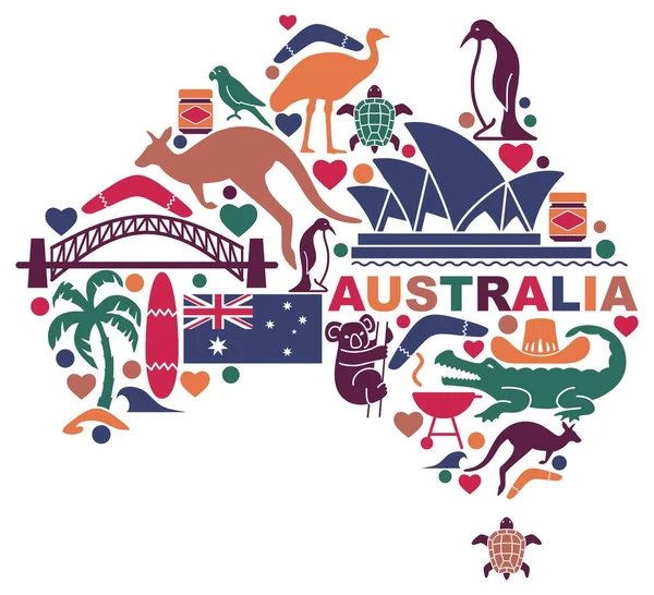 Australische Symbole in Form einer Landkarte — Stockvektor