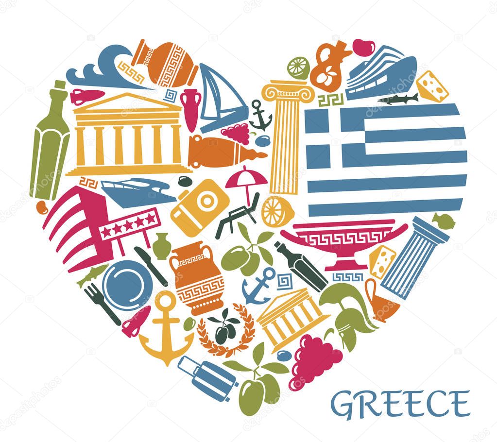 Symbols of Greece in the form of heart