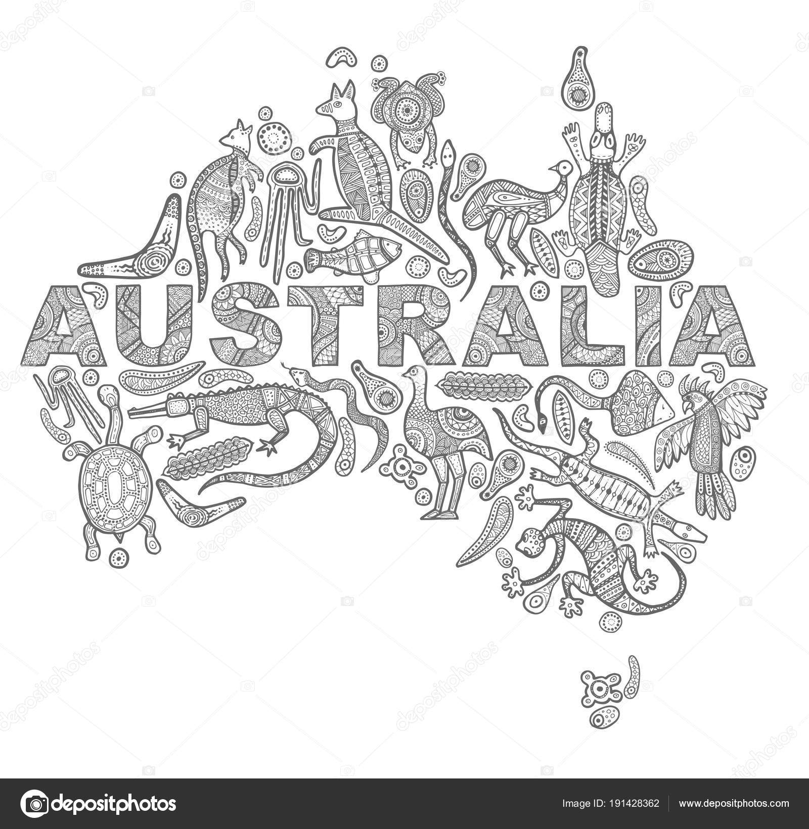 Ved lov seng forsinke Animals drawings aboriginal australian style in the form of a map of  Australia Stock Vector Image by ©Klava #191428362