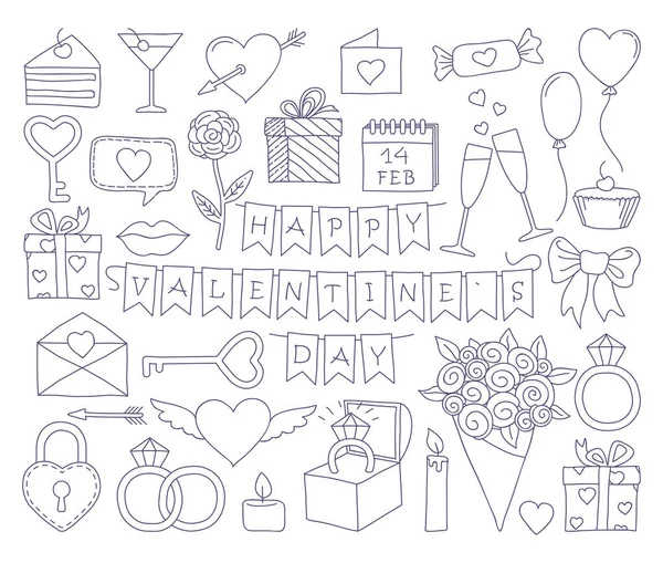 Conjunto de día de San Valentín doodle icono conjunto — Vector de stock