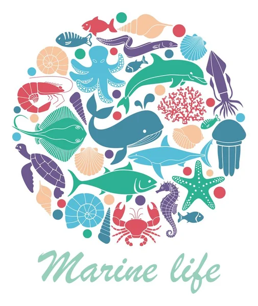 Iconos de la vida marina en forma de círculo — Archivo Imágenes Vectoriales