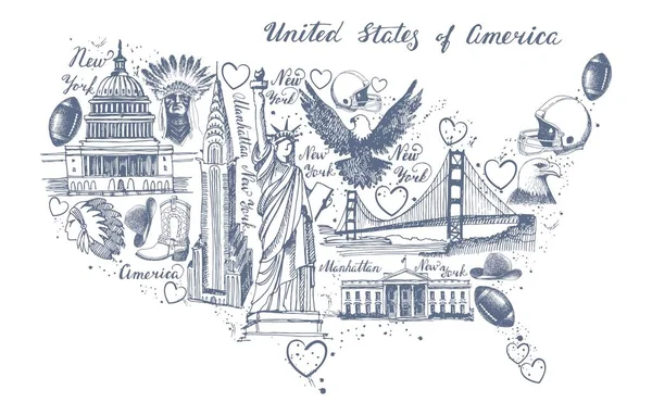 Ескізи символів США у вигляді карті — стоковий вектор