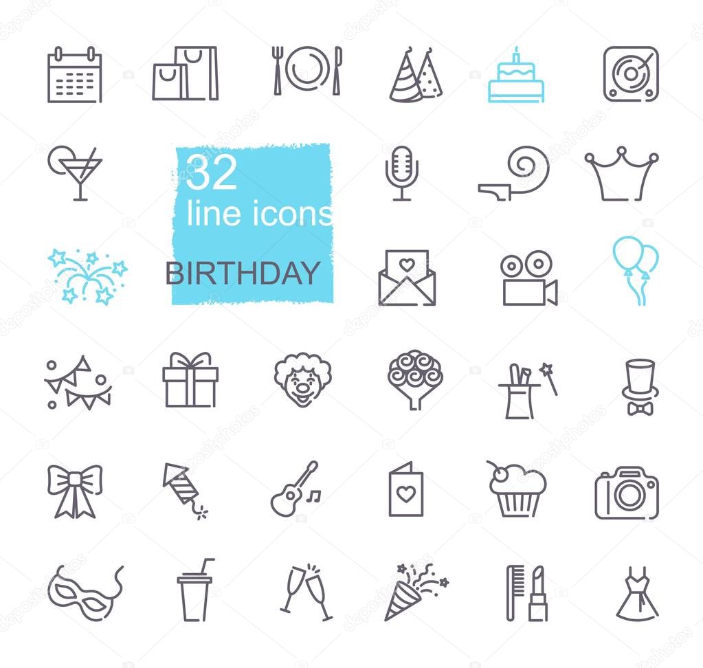 Linear birthday icons set