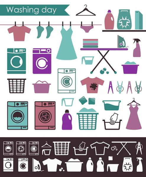 Ikony na temat mycia i pielęgnacji ubrań — Wektor stockowy