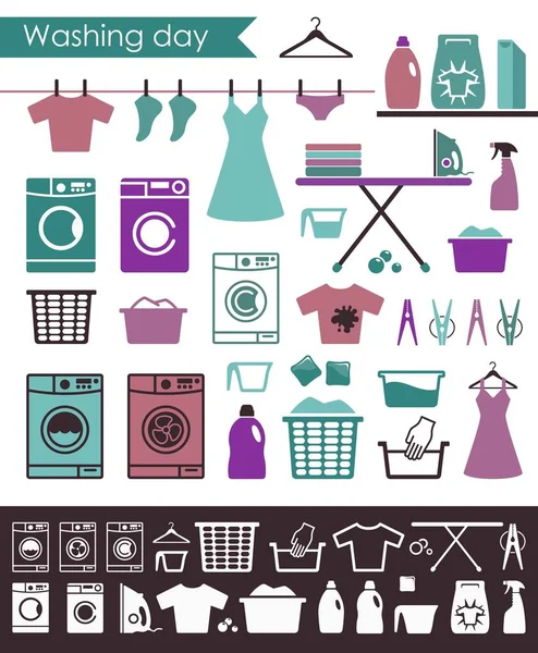 Pictogrammen op een thema van wassen en verzorging van kleding — Stockvector