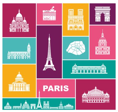 Paris 'in mimari ve tarihi manzaraları. Renk yüksek kaliteli simgeler kümesi