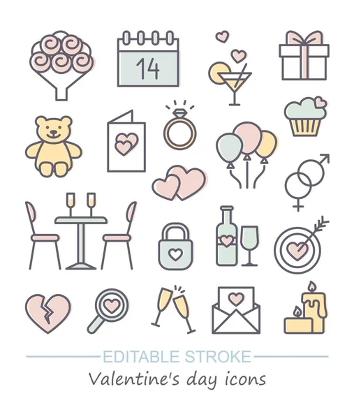 Set ikon Valentine. Happy valentine day related line icons with editable stroke - Stok Vektor