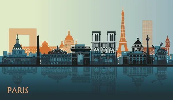 Paisaje estilizado de París con torre Eiffel, arco del Triunfo y Catedral de Notre Dame y otras atracciones — Vector de stock