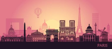 Stilize yatay bir Paris, Eyfel Kulesi, arc de Triomphe ve Notre Dame Katedrali ve diğer konumlar