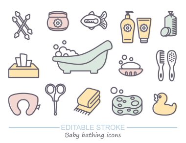 Banyo ve bebek bakımı. Düzenlenebilir vuruşlu satır simgeleri