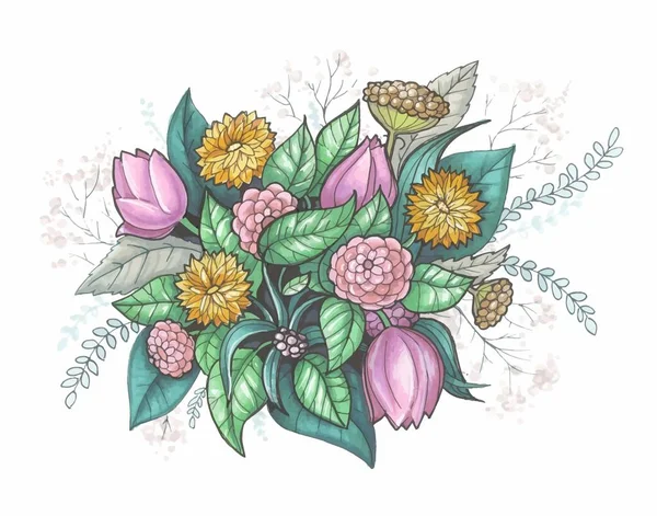 Composition abstraite florale. Bouquet avec fleurs et plantes dessinées à la main — Image vectorielle
