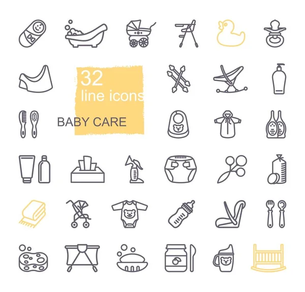 Iconos lineales sobre el tema del cuidado infantil. Alimentación y baño de recién nacidos — Vector de stock
