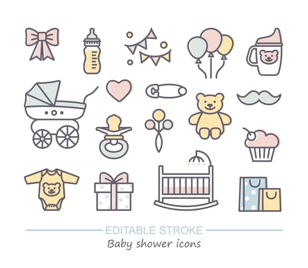 Baby shower. Iconos de línea con trazo editable — Vector de stock
