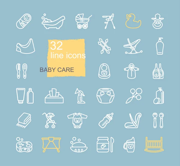 Lineaire iconen op het thema kinderopvang. Voeding en baden van pasgeborenen — Stockvector