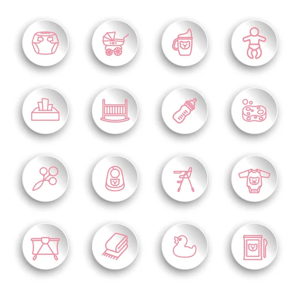 Iconos lineales para el cuidado del bebé colocados en pegatinas blancas con sombras transparentes — Vector de stock