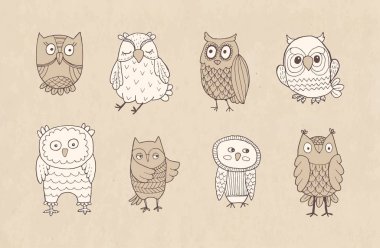 Çizgi baykuşlarının vektör kümesi. Kraft kağıdına biçimlendirilmiş el çizimi