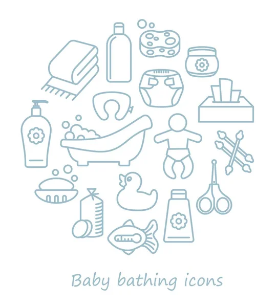 Bañarse y cuidar al bebé. Iconos de línea en forma de círculo — Vector de stock