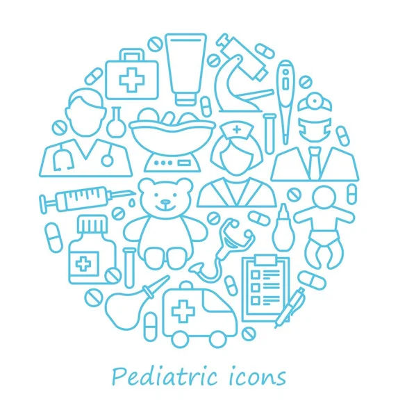 Παιδιατρική, ιατρική φροντίδα για τα παιδιά. Εικονίδια γραμμής υπό μορφή κύκλου — Διανυσματικό Αρχείο