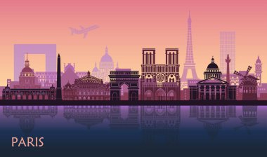 Stilize yatay bir Paris, Eyfel Kulesi, arc de Triomphe ve Notre Dame Katedrali ve diğer konumlar