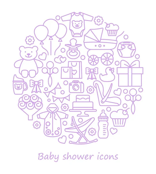 Baby shower. Iconos de línea en forma de círculo — Vector de stock