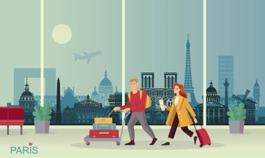 Havaalanında bavullu genç bir çift. Paris cazibesinin soyut bir manzarasının arka planına karşı..