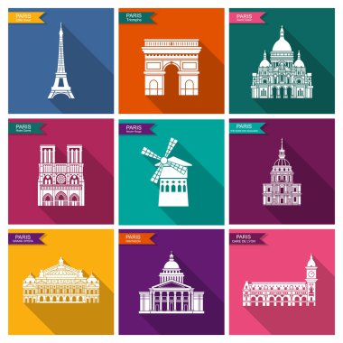 Paris simgeleri ve anıtlar. Gölgeli vektör düz simgeleri