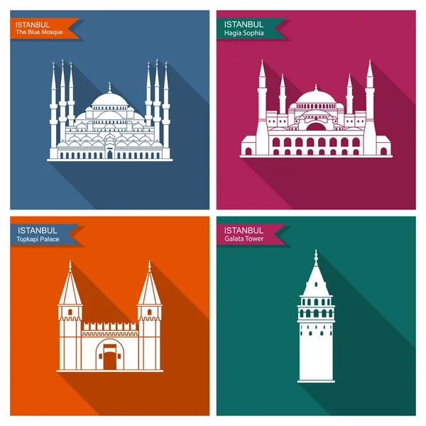 Istanbul landmarks and monuments. Vector flat icons with shadow — Stock Vector