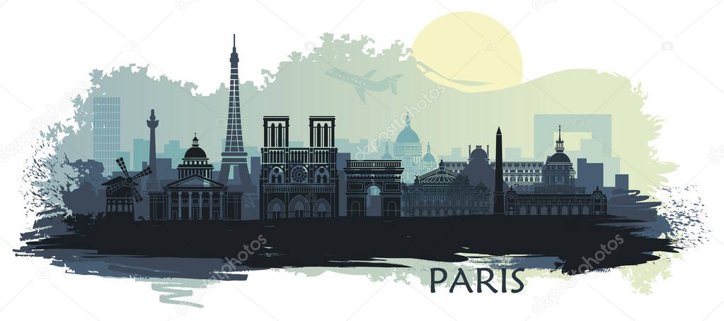 Stylized landscape of Paris with Eiffel tower, arc de Triomphe and Notre Dame Cathedral with spots and splashes of paint